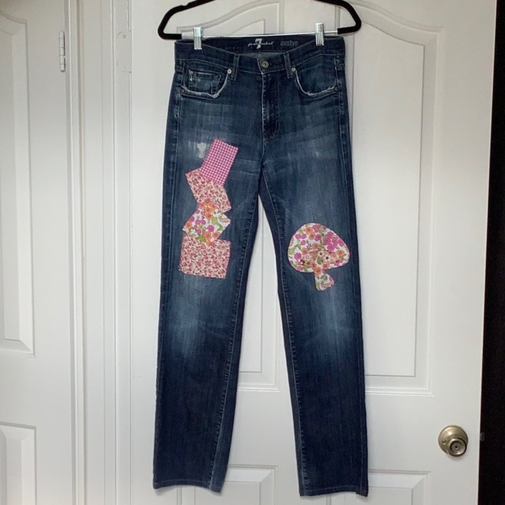 7 For All Mankind Austyn upcycled mushroom patch jeans. Size 29.
